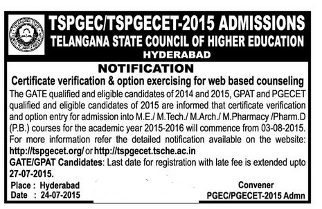 TSPGECET 2015 Detailed Notification for web based counseling Official