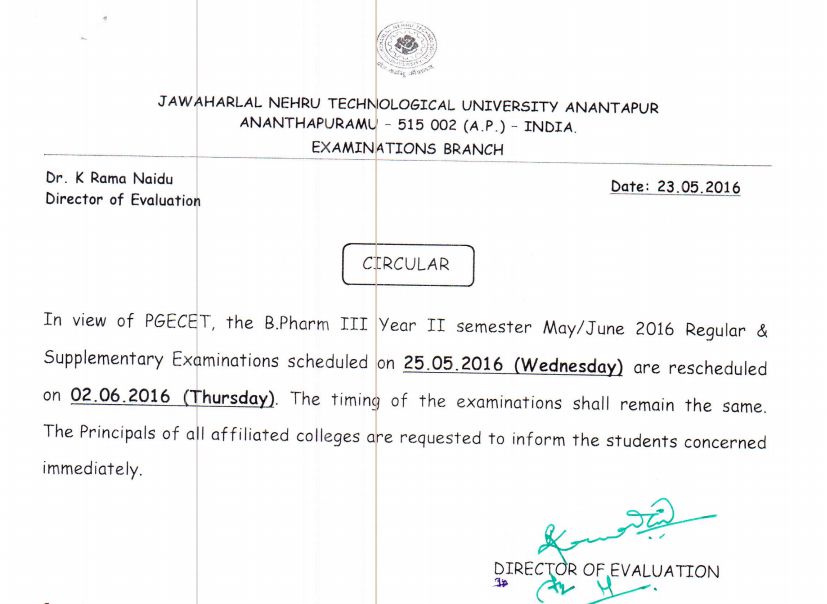 jntua b.pharamcy 3-2 postponed may 2016