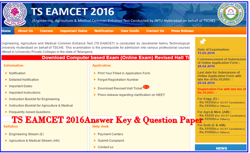 TS EAMCET 3 Answer key 2016 Download SET A, B, C, D with Solutions & Q.P
