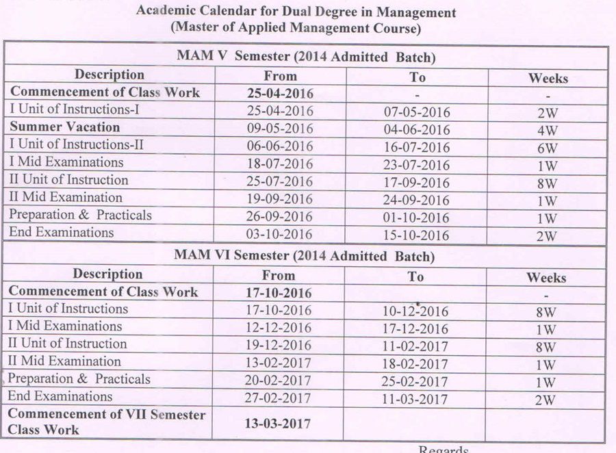 Academic Calender for MAM (V & VI Sems-2014 Admit Bach)