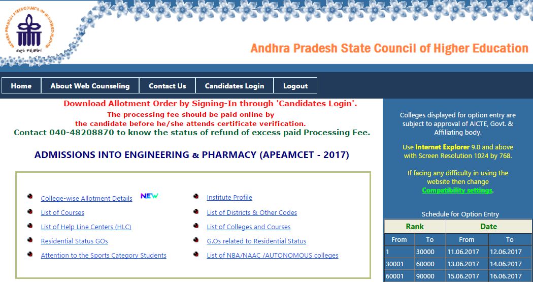 AP EAMCET Seat Allotment Results 2017