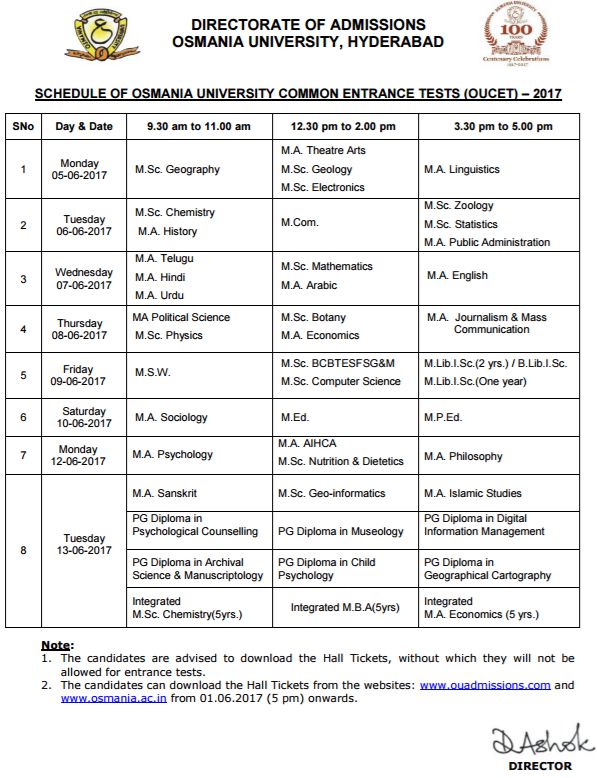 oucet 2017 exam schedule