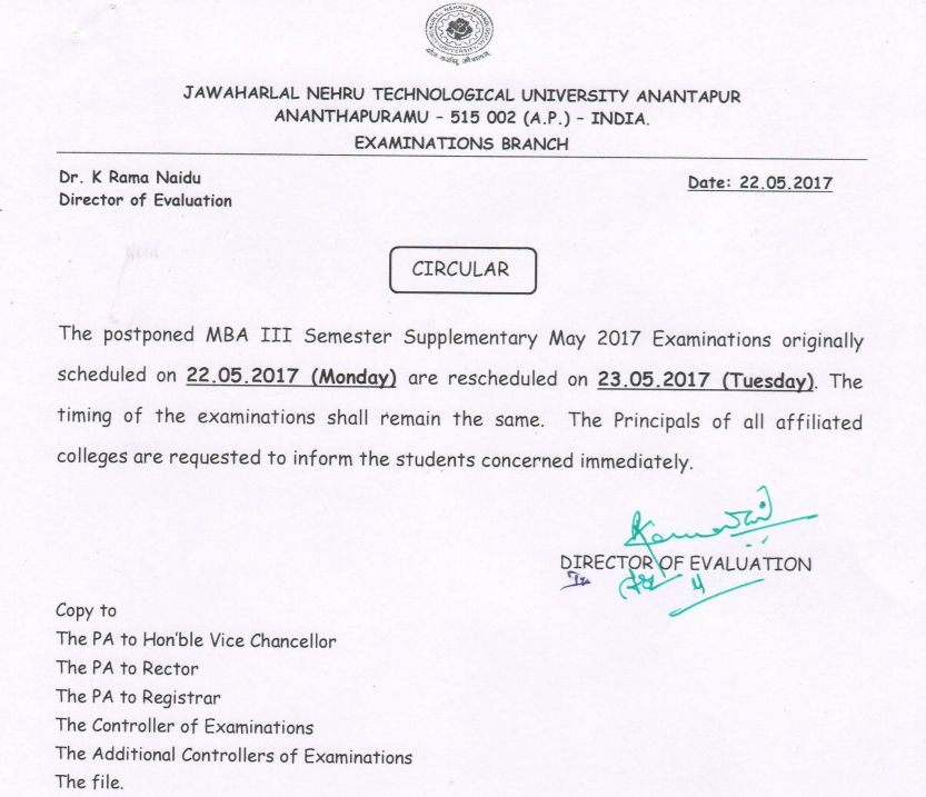 JNTUA Postponed MBA III Sem Exams on 22-05-2017 Are Rescheduled to 23-05-2017