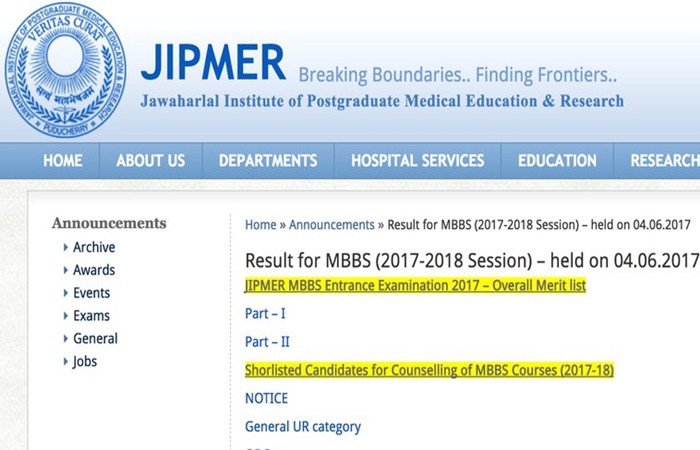 JIPMER MBBS Result