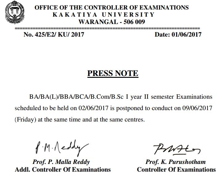Kakatiya University exams postponed june 2nd