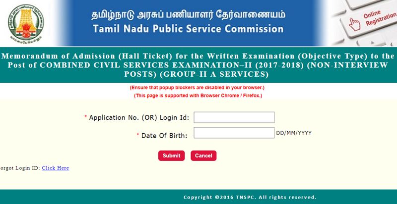 TNPSC Group 2a Hall Ticket 2017