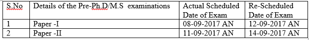 JNTUH Postponement of Pre-Ph.D Pre-MS Pre-M.Phil Examinations 2017