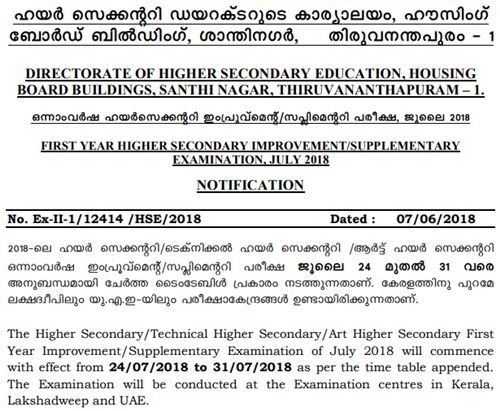 Kerala DHSE First Year Improvement-Supplementary Time Table