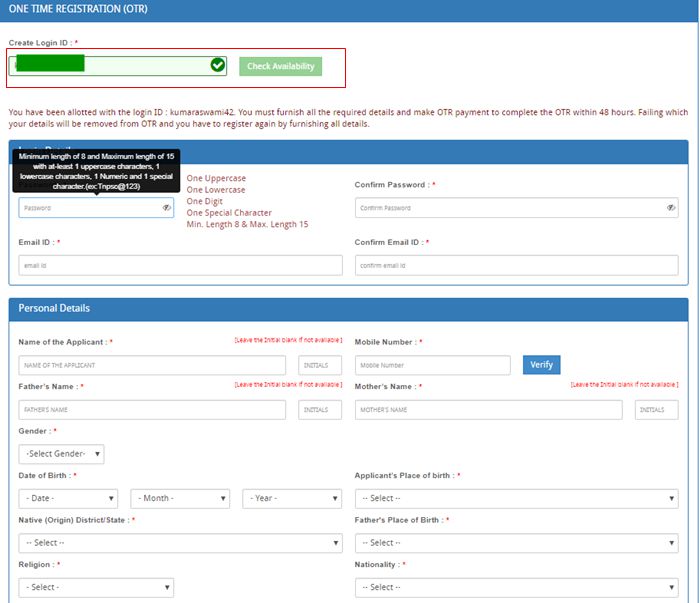 One Time Registration details