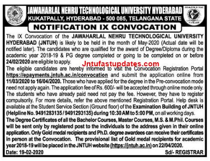 jntuh 9th convocation notification 2020