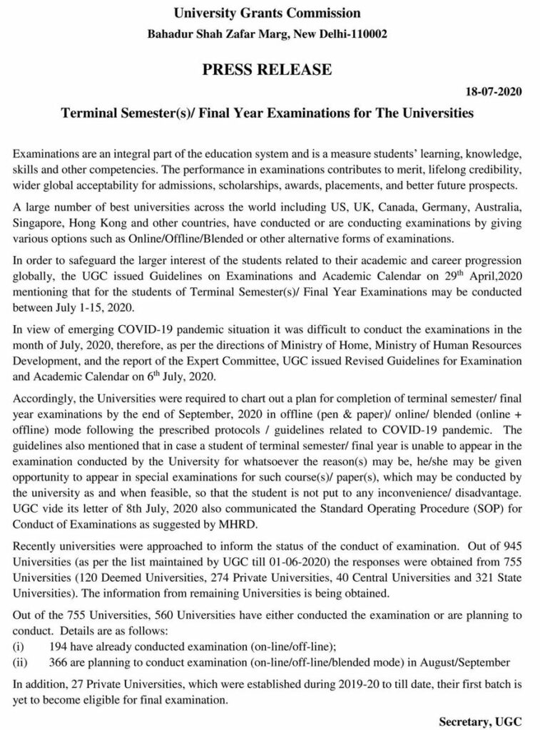 UGC Terminal Semester(s)Final Year Examinations for the Universities
