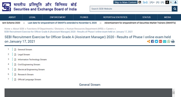 SEBI Officer Grade A Result 2021