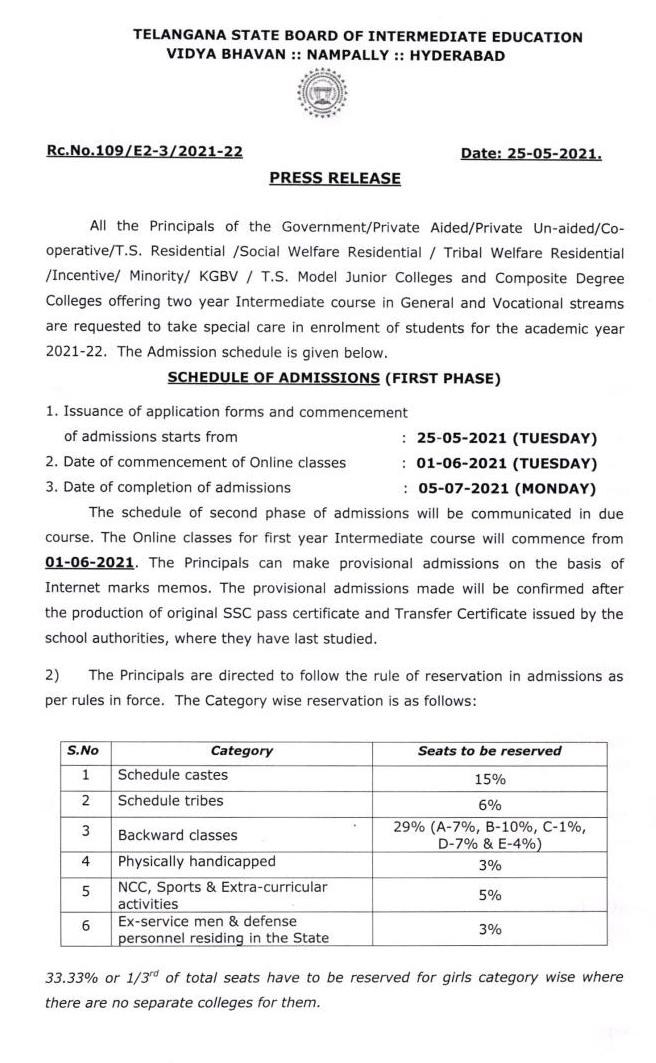 TS Inter Admissions 2021-22