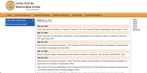 RBI Office Attendant Result 2021 – Merit List, Cutoff Marks (Selected Candidates)