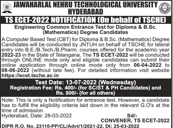 TS ECET 2022 notification