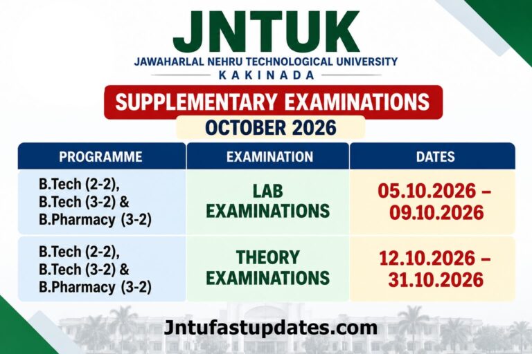 JNTUK B.Tech 2-2, 3-2 & B.Pharmacy 3-2 Sem Supply Exam Dates Oct 2026